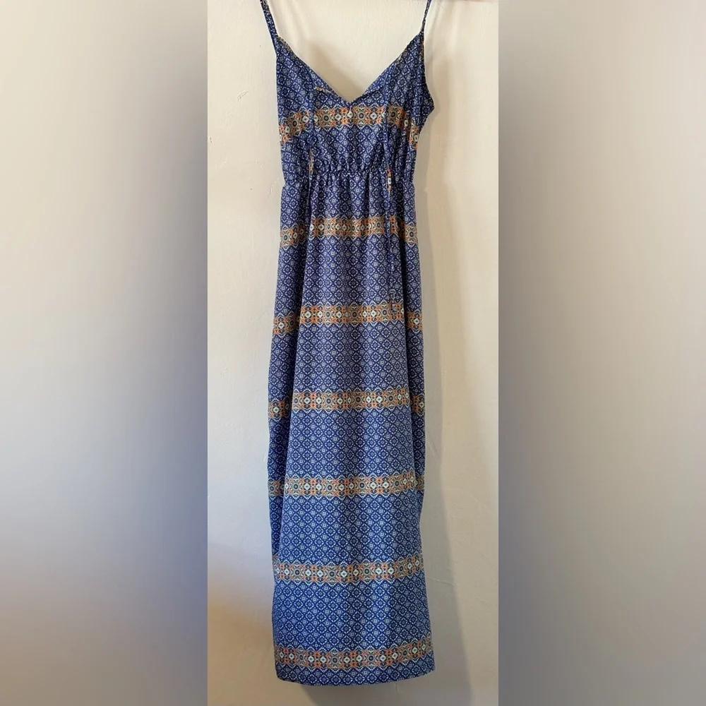 🌸 Peach Royal Boho Maxi Size Medium Blue/Teal/Orange Graphic Print Dress
